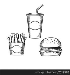 Fast food hamburger with beef patty and lettuce leaf, box of french fries and sweet soda paper cup with drinking straw. Sketch style. Hamburger, french fries and soda cup