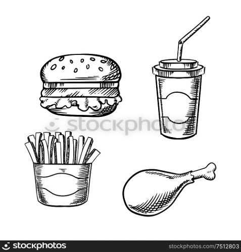 Fast food hamburger with fresh vegetables, paper soda cup with drinking straw, french fries in takeaway box and fried chicken leg. Sketch images