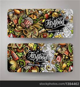 Fast food hand drawn doodle banners set. Cartoon detailed flyers. Fastfood identity with objects and symbols. Color vector design elements illustration. Fast food hand drawn doodle banners set. Cartoon detailed flyers.