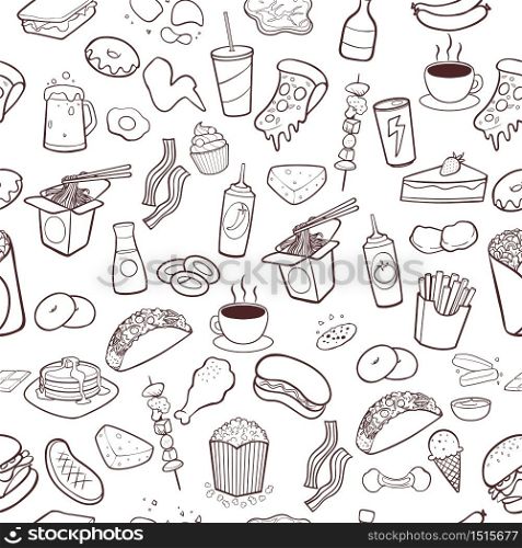 Fast food hand drawn doodles seamless pattern background