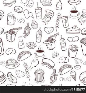 Fast food hand drawn doodles seamless pattern background