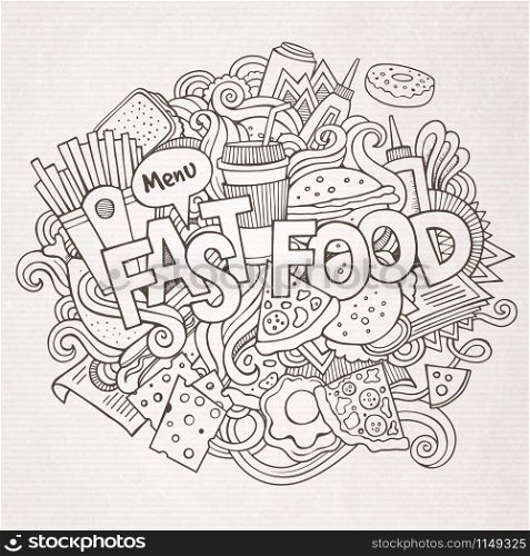 Fast food hand lettering and doodles elements and symbols background. Vector hand drawn sketchy illustration. Fast food hand lettering and doodles elements