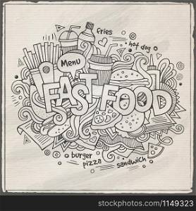 Fast food hand lettering and doodles elements background. Vector illustration