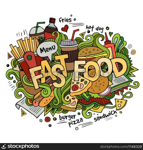 Fast food hand lettering and doodles elements background. Vector illustration