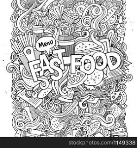 Fast food hand lettering and doodles elements background. Vector illustration. Fast food hand lettering and doodles elements background