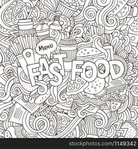 Fast food hand lettering and doodles elements background. Vector illustration. Fast food hand lettering and doodles elements background