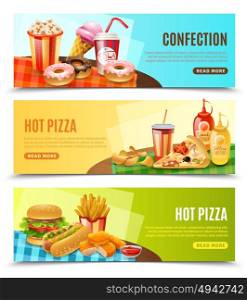 Fast Food Horizontal Banners Set . Hot pizza restaurant online order 3 flat horizontal banners with fast food menu information isolated vector illustration