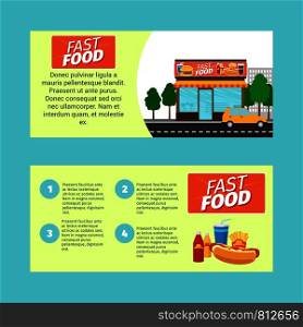 Fast food horizontal flyers with shop building and landscape. Fast food horizontal flyers
