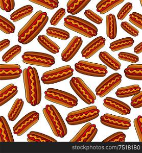Fast food hot dog sandwiches seamless pattern with steamed sausage garnished mustard over white background. Street food theme or cafe menu design. Fast food hot dogs seamless pattern