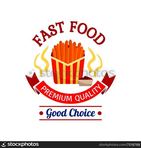 Fast food icon design. French fries in red striped paper box. Label graphic illustration. Element for restaurant, eatery and menu. Advertising sticker for door sign, poster, leaflet, flyer. Fast food icon design. French fries illustration.