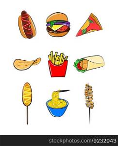 Fast food icon set doodle cartoon vector clip art graphic decor element hot dog corn hamburger meat pizza french fries