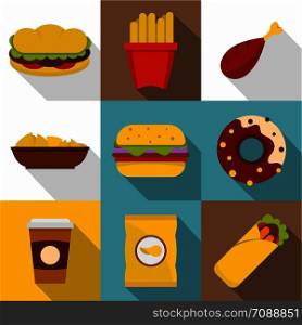 Fast food icon set. Flat style set of 9 fast food vector icons for web design. Fast food icon set, flat style