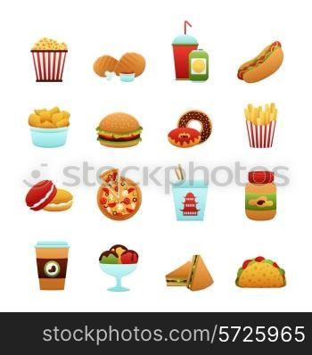 Fast food icon set with donut soda potato chips pizza isolated vector illustration