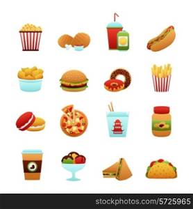 Fast food icon set with donut soda potato chips pizza isolated vector illustration