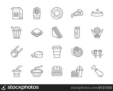 Fast food icon. Takeaway meal. Snack pictograms. Shawarma and sandwich. Delivery of wrap unhealthy burger or popcorn. Asian sushi. Fried potato. Chicken and donut. Coffee cup. Vector line signs set. Fast food icon. Takeaway meal. Snack pictograms. Shawarma and sandwich. Delivery of wrap unhealthy burger or popcorn. Asian sushi. Chicken and donut. Coffee cup. Vector line signs set