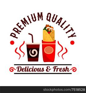 Fast Food icon. Vector shawarma roll snack and drink label. Coffee shop emblem for cafeteria, cafe signboard and menu. Coffeeshop fast food and drink icon