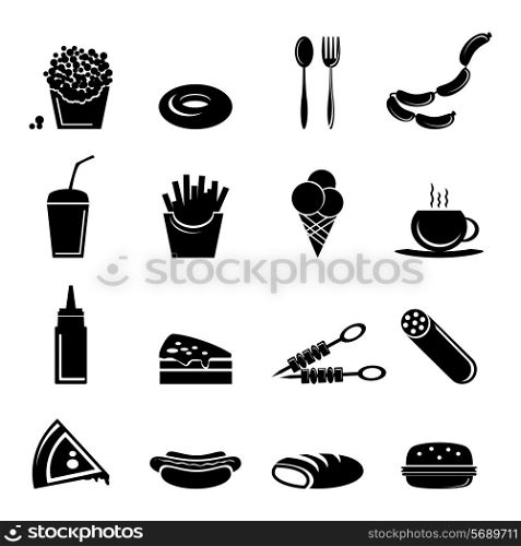 Fast food icons black set of popcorn doughnut cutlery isolated vector illustration