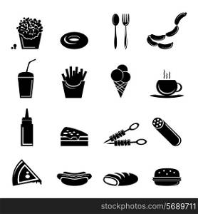 Fast food icons black set of popcorn doughnut cutlery isolated vector illustration