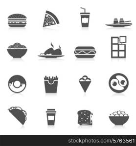 Fast food icons black set with sushi potato chips pizza and sandwitch isolated vector illustration. Fast Food Icons Black