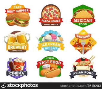 Fast food icons, burgers menu, restaurant hamburgers, drinks, snacks and sandwiches, cinema, bar vector signs. Pizzeria pizza, popcorn, Mexican taco and Asian noodles, Japanese sushi and hot dog grill. Fast food icons, burgers, sandwiches restaurant