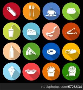 Fast food icons flat set of sausage cutlery cup hamburger isolated vector illustration