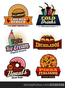 Fast food icons for cinema bistro bar or fastfood restaurant snacks menu. Vector set of chicken burger, cold soda drinks or ice cream and Mexican enchiladas, chocolate donuts and Italian pizza. Vector fast food snacks, meas and desserts icons
