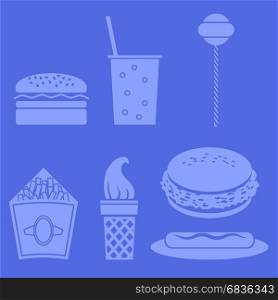 Fast Food Icons Isolated on Blue Background. Fast Food Icons