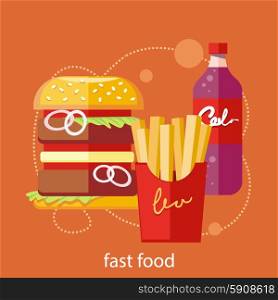 Fast food icons of french fries hamburger soda drink in flat design on stylish banner background. Fast food icons