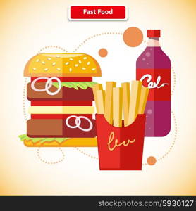 Fast food icons of french fries hamburger soda drink in flat design on stylish banner background. Fast food restaurant, food, hamburger, burger, fast, restaurant, junk food