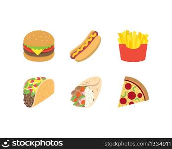 Fast Food Icons Set. Burger hot dog potato fries taco burrito and pizza icons in flat. Vector EPS 10