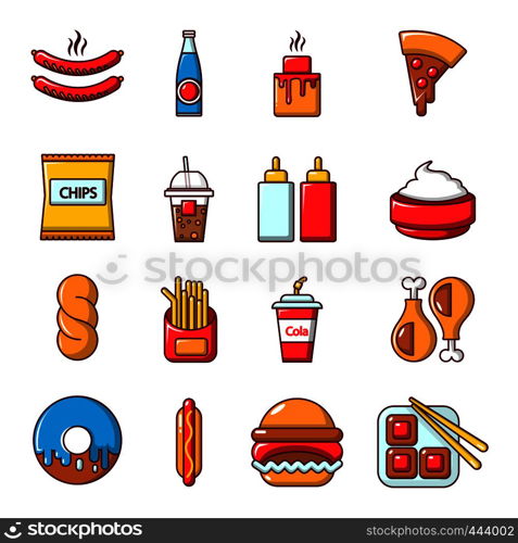 Fast food icons set. Cartoon illustration of 16 fast food vector icons for web. Fast food icons set, cartoon style