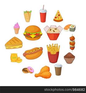 Fast food icons set. Cartoon illustration of 16 fast food vector icons for web. Fast food icons set, cartoon style