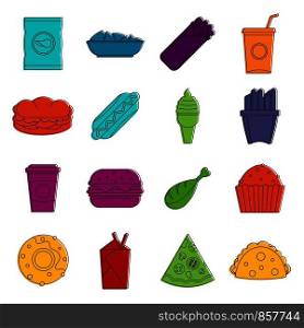 Fast food icons set. Doodle illustration of vector icons isolated on white background for any web design. Fast food icons doodle set