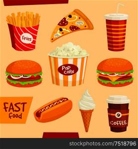 Fast food icons set. Fastfood snacks and beverages isolated vector elements. Cartoon drawings illustration. Burger, hamburger, french fries, hot dog, cheeseburger, pizza, popcorn, ice cream, milkshake and coffe. Fastfood icons set. Snacks and beverages elements