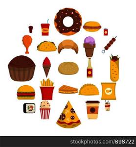 Fast food icons set. Flat illustration of 25 fast food vector icons isolated on white background. Fast food icons set, flat style