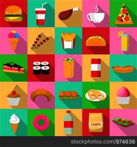 Fast food icons set. Flat illustration of 25 fast food vector icons for web. Fast food icons set, flat style