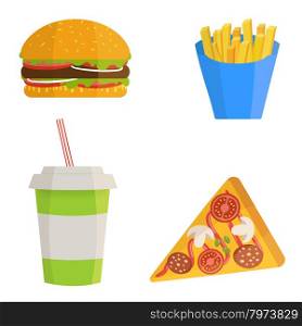 Fast food icons set in flat style, vector design. Flat illustration of french fies, burger, pizza and soda water.