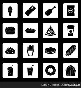 Fast food icons set in white squares on black background simple style vector illustration. Fast food icons set squares vector