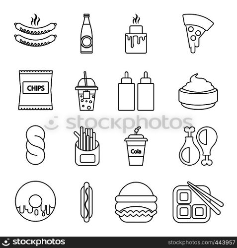 Fast food icons set. Outline illustration of 16 fast food vector icons for web. Fast food icons set, outline style