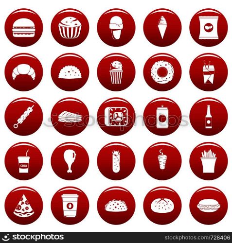 Fast food icons set. Simple illustration of 25 fast food vector icons red isolated. Fast food icons set vetor red