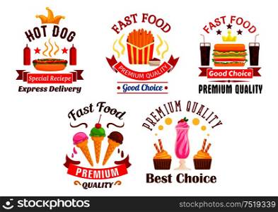 Fast Food icons set. Snacks, drinks and desserts label. Hot dog, fries, cheeseburger, soda coke, ice cream, milkshake stickers for restaurant menu, eatery delivery, cafe signboard. Fast Food icons. Snacks, drinks, desserts labels