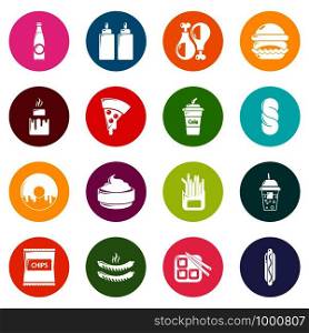 Fast food icons set vector colorful circles isolated on white background . Fast food icons set colorful circles vector