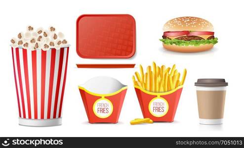 Fast Food Icons Set Vector. French Fries, Coffee, Hamburger, Cola, Tray Salver, Popcorn. Isolated On White Background Illustration. 3D Fast Food Vector. Tasty Burger, Hamburger, Fries, Soda, Coffee, Paper Cup, Tray Salver Popcorn Isolated Illustration