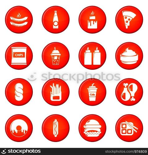 Fast food icons set vector red circle isolated on white background . Fast food icons set red vector