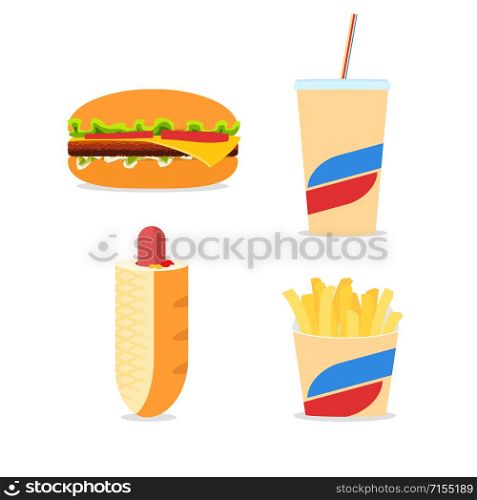 Fast food icons set with simple flat colored hamburger, soda, hot dog and french fries