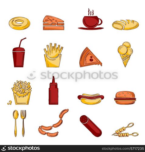 Fast food icons sketch set of doughnut pizza cup bread isolated vector illustration