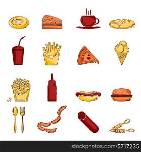 Fast food icons sketch set of doughnut pizza cup bread isolated vector illustration