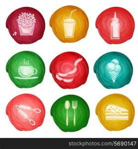 Fast food icons watercolor set of popcorn soda drink ketchup isolated vector illustration