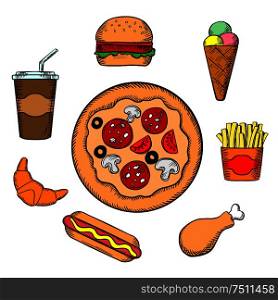 Fast food icons with pepperoni pizza, burger, soda, french fries, ice cream cone, hot dog, croissant and chicken leg snacks. Fast food and snacks icons