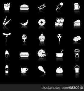 Fast food icons with reflect on black background, stock vector